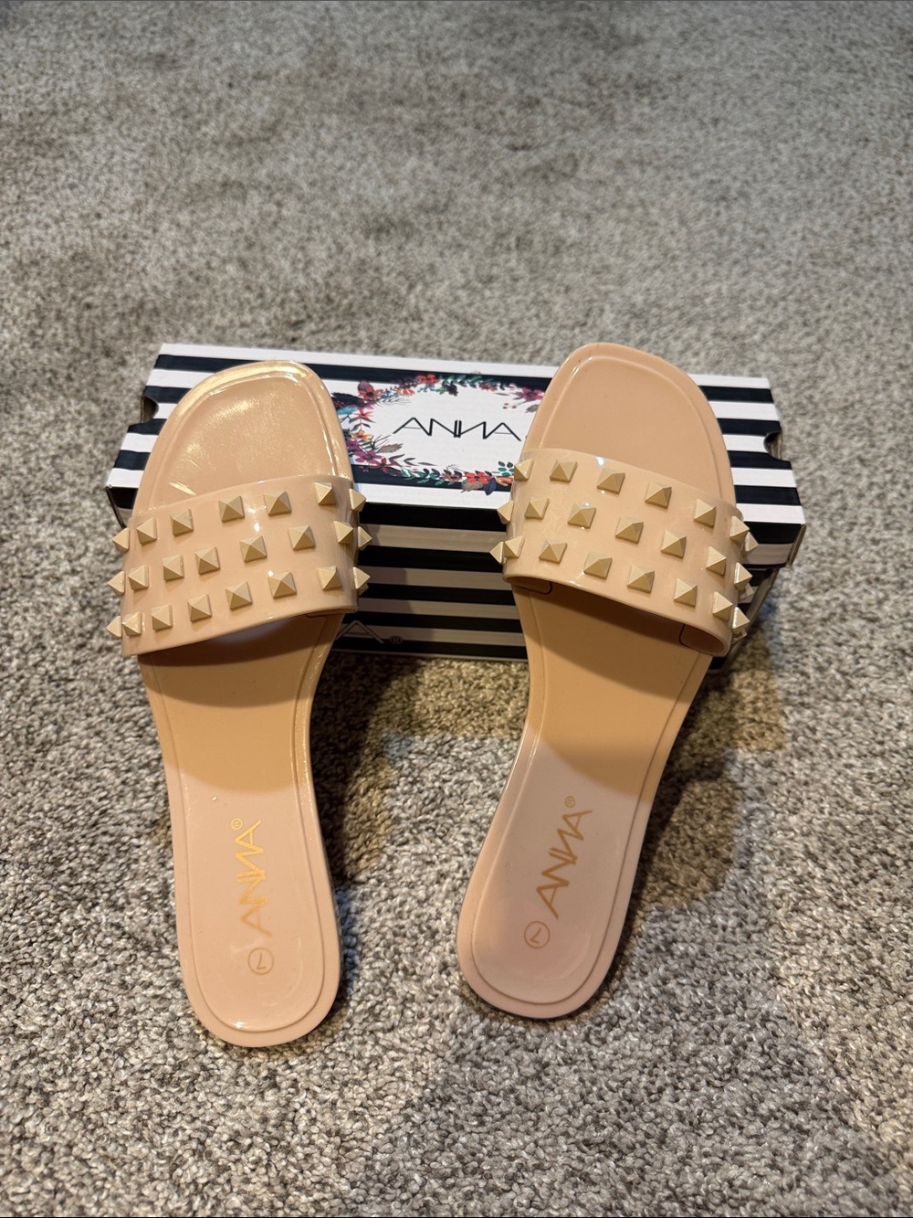 ANNA Beige Studded Slide Mules